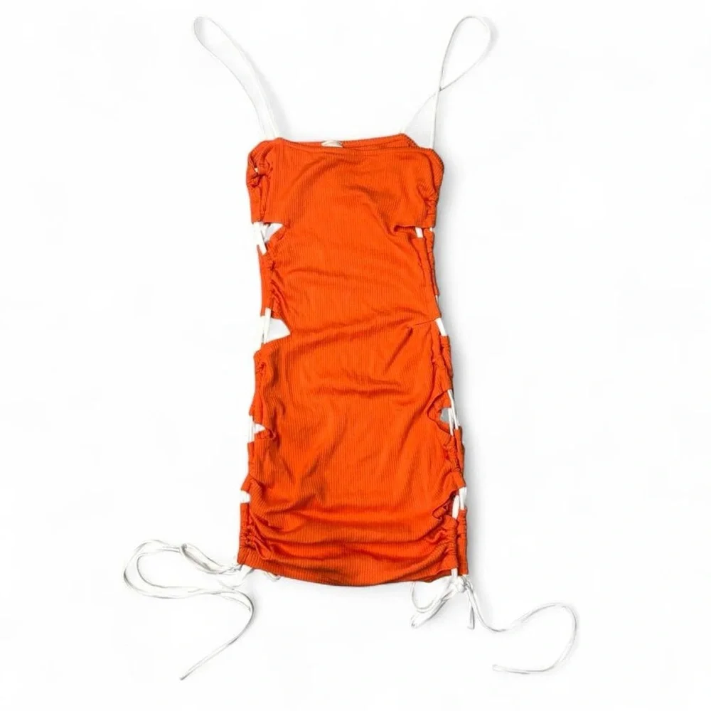 Orange Ruched Drawstring Mini Dress - Picture 6 of 8